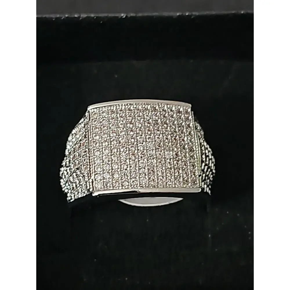 Size 8 White Gold-Plated brass Men's Band Ring Square Pavé CZs